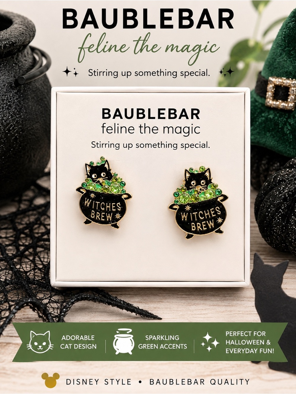 BaubleBar Black Cat 'Witches Brew' Stud Earrings with Green Accents